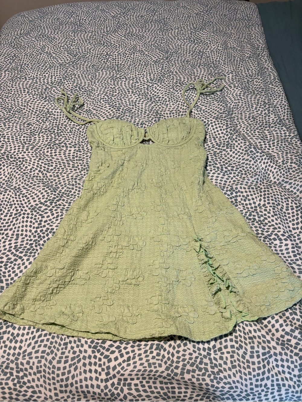 Montce Light Green Textured Sundress with Ruffle Accent